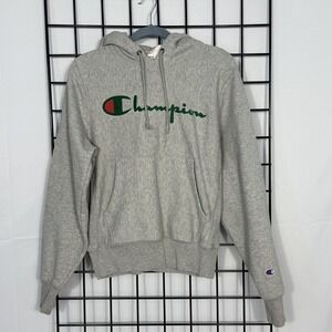 Champion Reverse Weave Spell Out Hoodie Mens Small Gray Y2K Logo Graphic Vintage